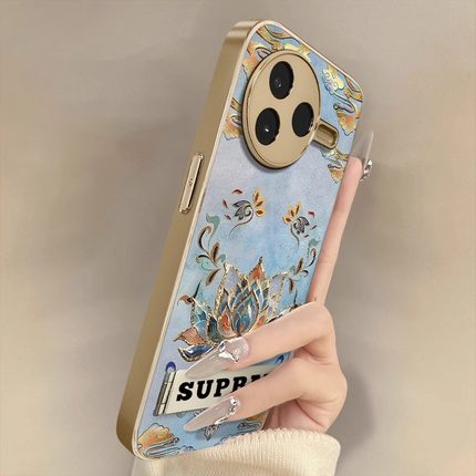 敦煌鎏金莲花适用于红米k80Pro手机壳k70e新款k60ultra小羊皮k50pro国潮note14高级艺术13男女支架电镀冠军版