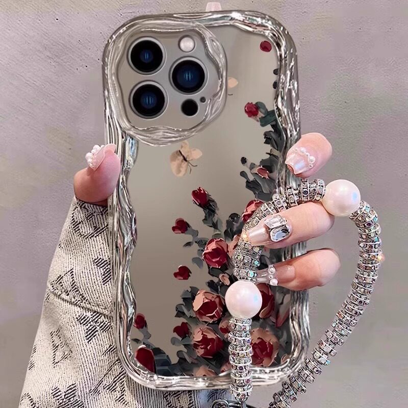 苹果电镀曲边小香风油画玫瑰