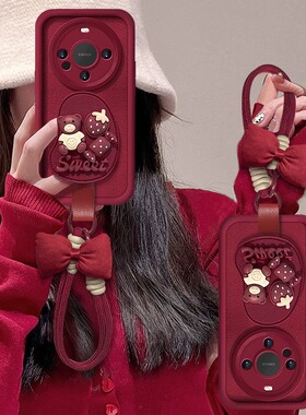 适用华为mate80pro手机壳红色2026新年女款mate60/50pro小熊草莓支架挂绳pura80pro+小众高级感羊皮p50磨砂套