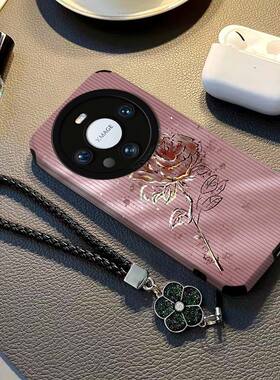 适用华为mate60Pro+手机壳pura70Ultra烫金玫瑰magic543新款牙签纹nova11挂绳防摔40荣耀1009080气质女软皮套