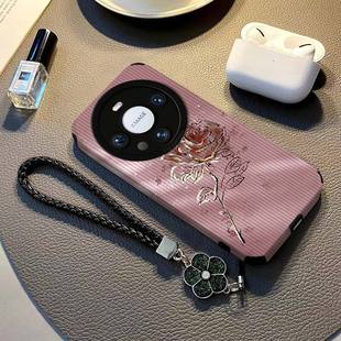 适用华为mate60Pro 牙签纹nova11挂绳防摔40荣耀1009080气质女软皮套 手机壳pura70Ultra烫金玫瑰magic543新款