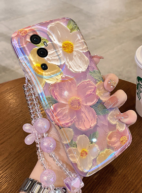 蓝光油画花适用opporeno10pro+手机壳新女款reno9带挂绳7se手链8pro十硅胶6全包R15防摔5高级感4网红3女夏r17