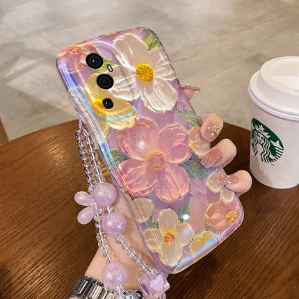蓝光油画花适用opporeno10pro+手机壳新女款reno9带挂绳7se手链8pro十硅胶6全包R15防摔5高级感4网红3女夏r17