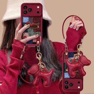 适用苹果17promax手机壳红色2026新年女款 16pro色块拼接小狗挂绳iPhone15磨砂14plus羊皮12高级感13pm防摔11