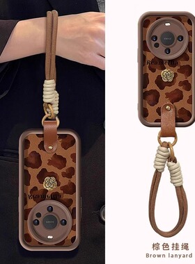 豹纹山茶花公仔适用华为mate60pro手机壳新款m50腕带m40美拉德nova12/11硅胶p60咖色小羊皮p70挂绳50全包防摔