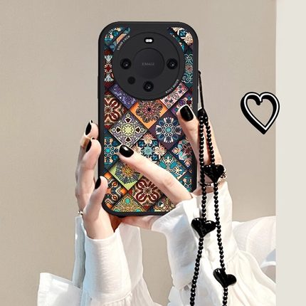 五彩图腾适用华为mate70pro+手机壳新款女pura80国风小羊皮40轻奢荣耀400挂绳100复古高级50防摔30套nova14