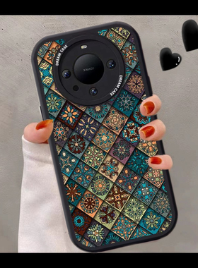 藏青菱格复古皮纹适用华为mate60pro手机壳新款中国风图腾pura70Ultra简约50小众防摔e荣耀9080男女magic6543