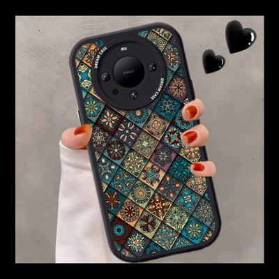 适用华为藏青菱格皮纹中国风图腾