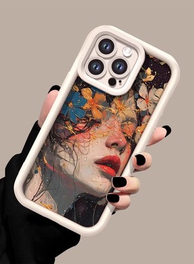 油画女孩适用苹果16promax手机壳iPhone15promax保护套14p小羊皮13pro复古7/8p艺术11女款12秋冬温柔xs/r防摔