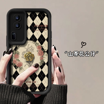 复古格菱花朵适用opporeno14手机壳reno13/12金属山茶花reno11/9秋冬小羊皮r17保护套reno6/7se新女款软壳A96