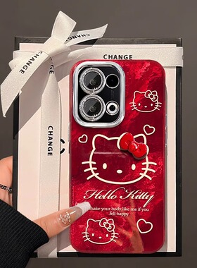 适用opporeno13手机壳红色2025本命年新女款reno12/10/11pro猫咪蝴蝶结reno9/8/7锡纸冰川纹全包镜头膜防摔套