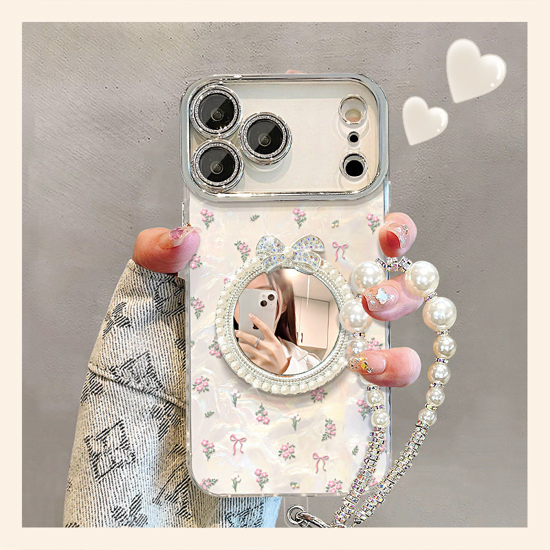 适用苹果18promax手机壳新女款17pro贝壳纹碎花蝴蝶结镜子贴件手链iPhone16/15超火14plus全包镜头膜13高级11