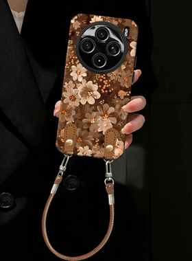 棕色花瓣适用vivoX300pro手机壳vivoX200promini女X100/90/80瞳眼羊皮新款挂绳S30/20/19防摔Y300全包保护套