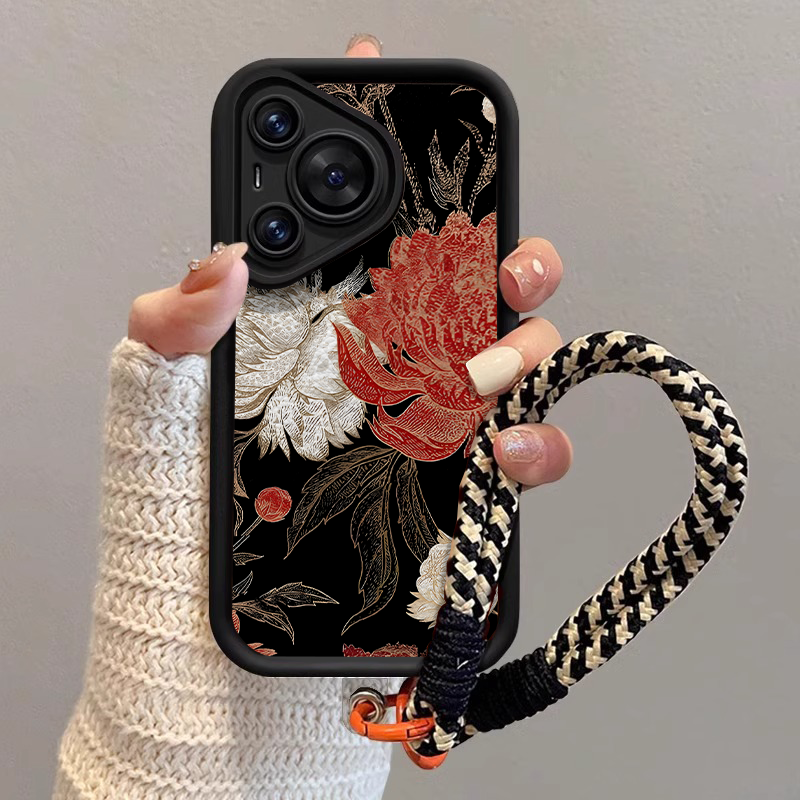 适用华为pura硅胶黑底红白菊