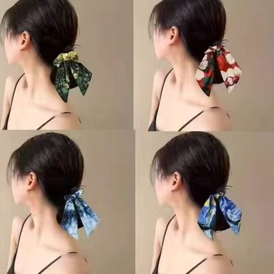 莫奈油画森系蝴蝶结马尾发圈