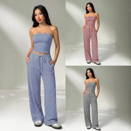 Striped wide leg pants strapless set 条纹抽绳阔腿裤抹胸套装