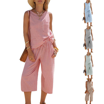 条纹无袖上衣七分裤套装女 Striped top and cropped pants set