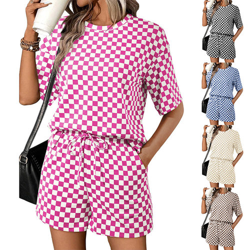 格纹系带短裤宽松T恤套装 Grid tie shorts loose T-shirt set