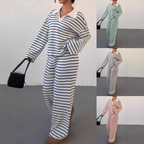 条纹撞色上衣长裤套装 Stripe contrasting top and pants set