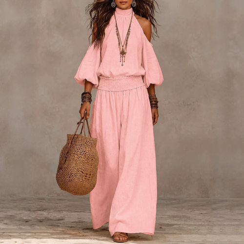Off shoulder top and wide leg pants set露肩上衣阔腿裤套装