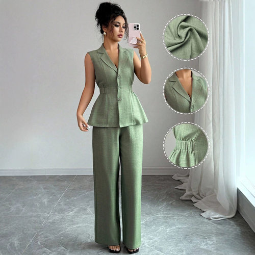 Collar, waist, vest wide leg pants set翻领收腰马甲阔腿裤套装