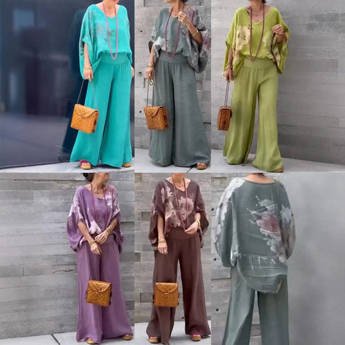 V领宽松印花上衣长裤套装V-neck loose print top and pants set