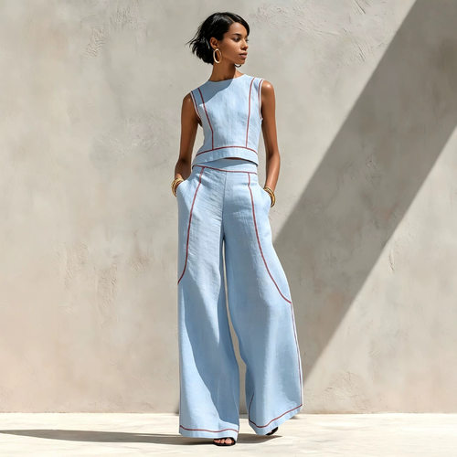 Color blocking wide leg pants vest set 撞色阔腿裤背心套装
