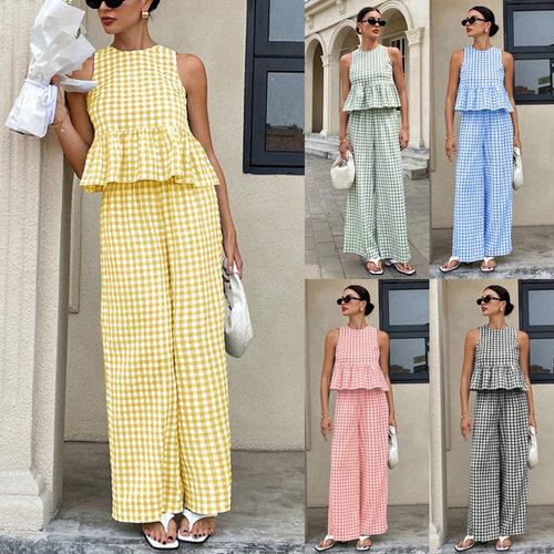 荷叶边上衣休闲条纹长裤套装Ruffle top casualstriped pants set