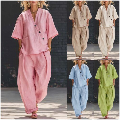 V领宽松上衣纯色长裤套装Vneck loose top solid color pants set