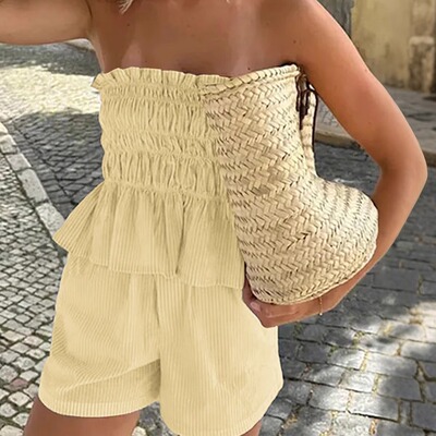 Skincare fungus edge casual shorts set抹胸木耳边休闲短裤套装