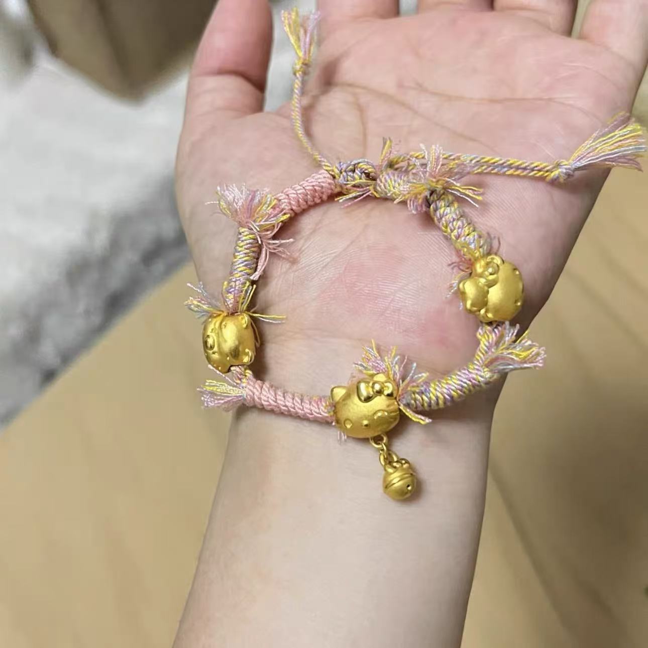 足金999铃铛hello kitty黄金凯蒂猫猫藏式编绳手链送女友