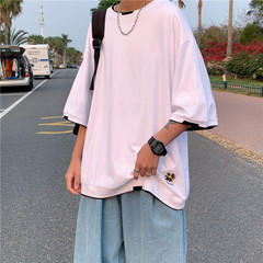 New trend versatile T-shirt Hong Kong Style handsome fake two pieces of embroidered 5-sleeve top