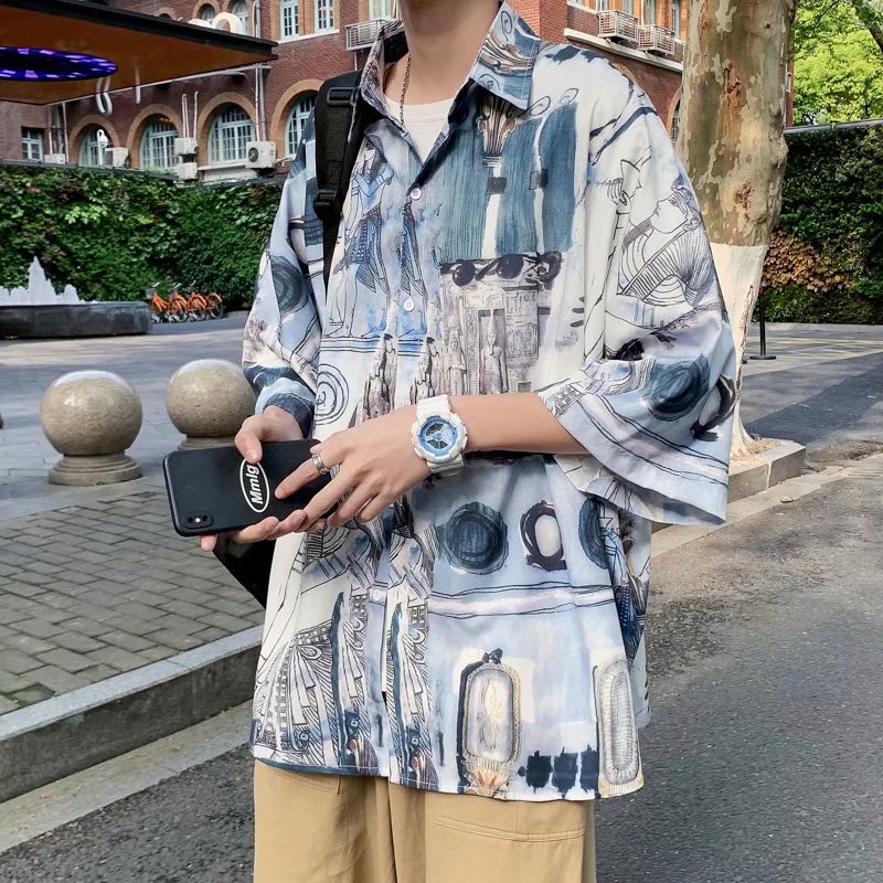 Hong Kong Style Korean blue and white porcelain shirt retro Hong Kong Style printed shirt men's versatile top