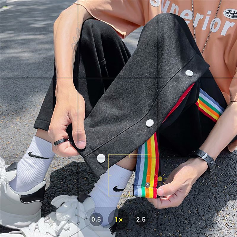 Ribbon rainbow half breasted pants men's summer thin loose wide leg sports Capris