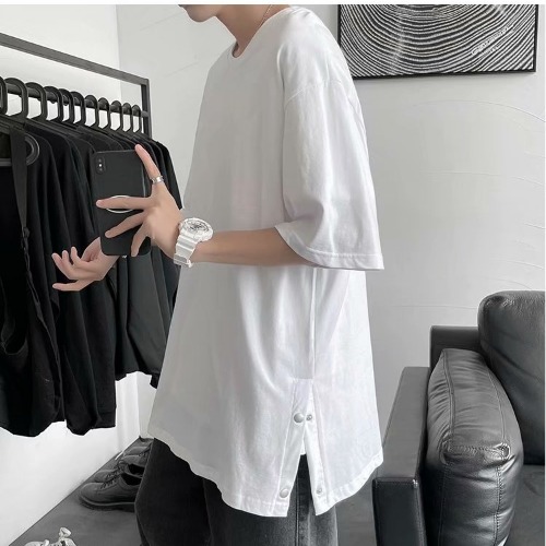 Short sleeve t-shirt men's fashion: Korean version handsome and versatile, loose solid color T-shirt, split breasted