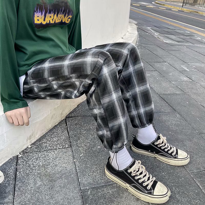 Black and white plaid casual pants fashion brand cool nine point pants loose binding plaid pants men