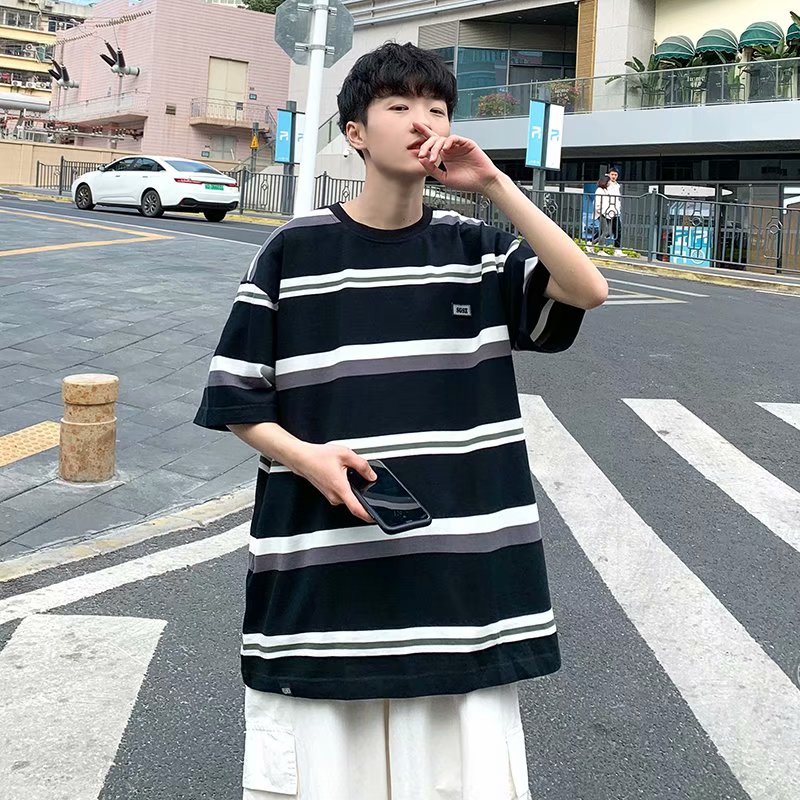 Summer new contrast striped t-shirt men's and women's loose fashion brand short sleeve pure cotton couple's wear