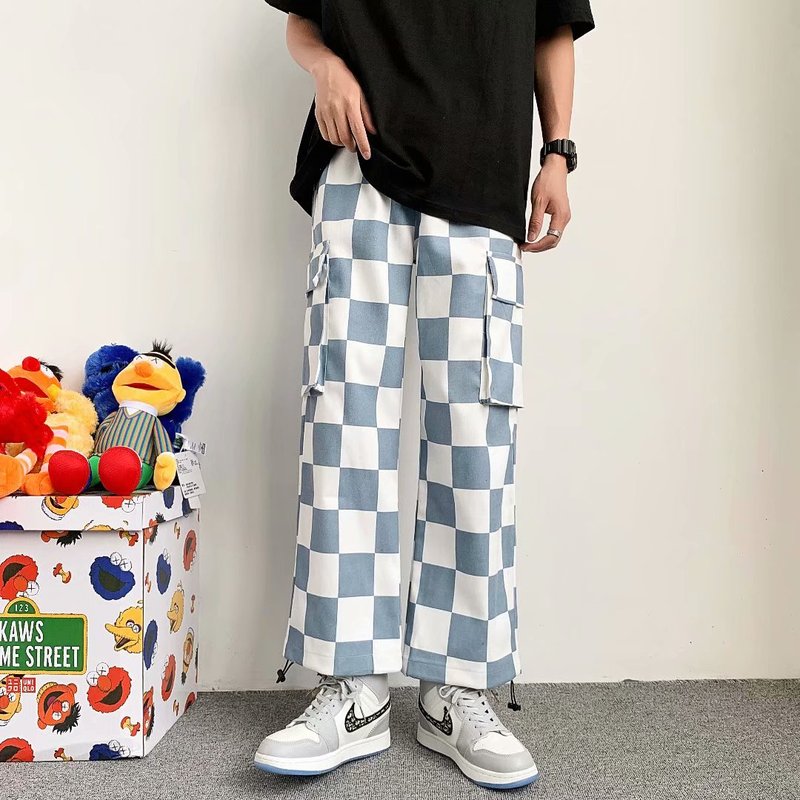 Retro Plaid tooling loose wide leg fashion couple casual pants summer thin sports pants