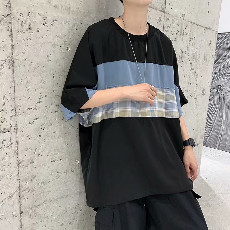 夏季短袖T恤港風寬鬆ins潮流休閒百搭格子拼接半袖T恤