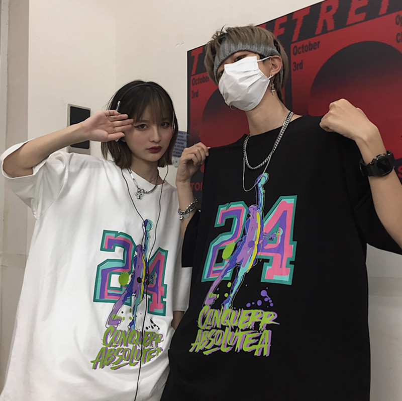原創新款復古數字印花寬鬆男女恤短袖上衣