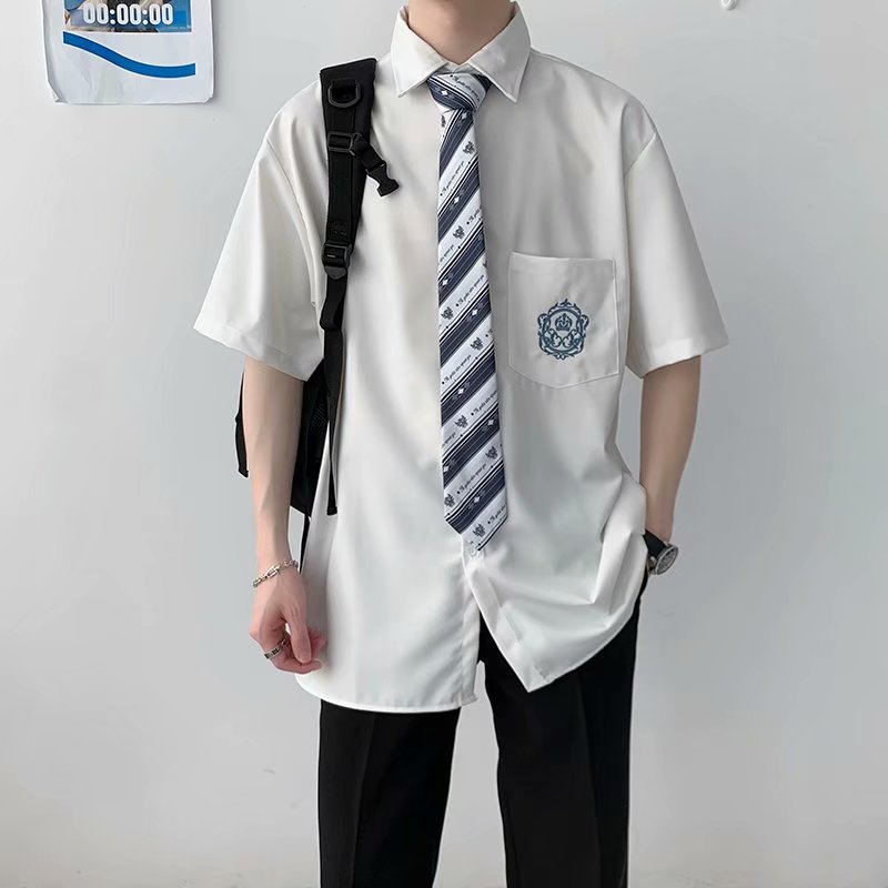 刺繡短袖jk襯衫男dk制服情侶學院風白襯衣學生BF送領帶
