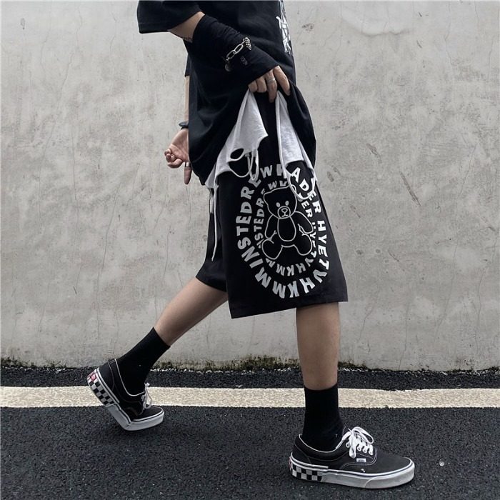 原創原宿風雕像字母印花男女款寬鬆直筒五分休閒短褲