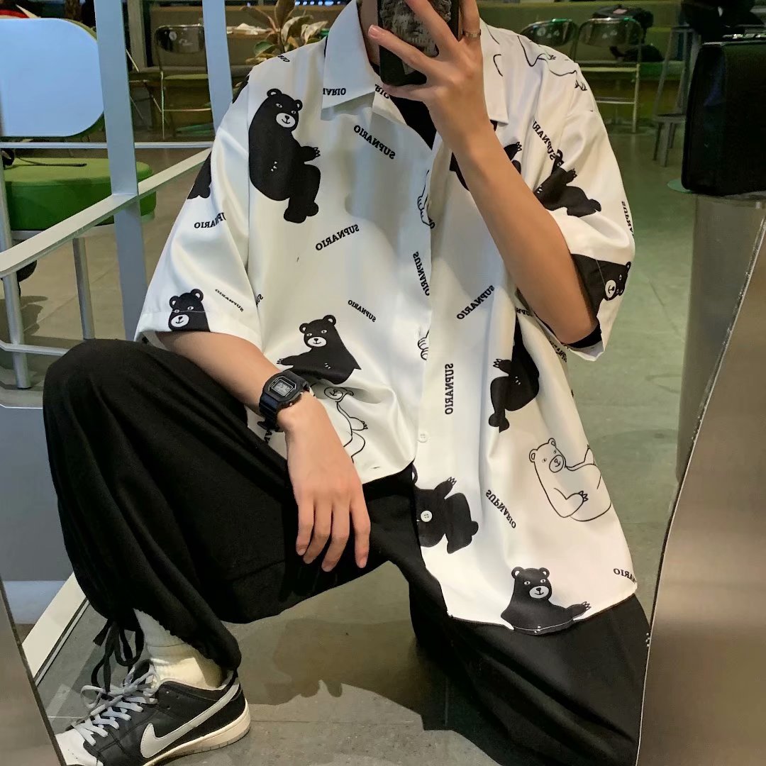 襯衫男夏季新款港風寬鬆短襯衣