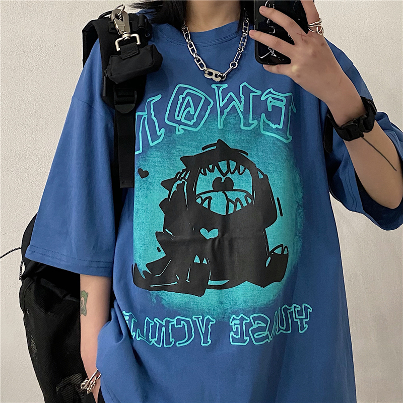 New Korean funny cartoon dinosaur print loose cotton top for men and women