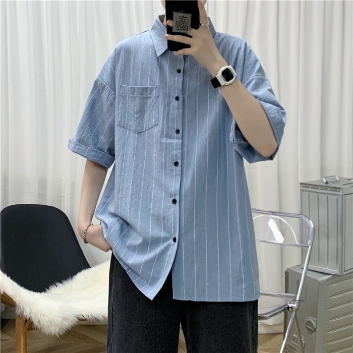 New style short sleeve shirt men's Hong Kong Style Japanese summer 5-sleeve solid color shirt