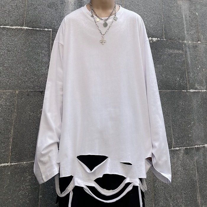 New style dark wind: super hot high street hip hop personality hole loose thin long sleeve men and women