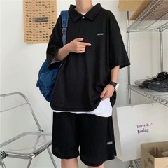 Summer suit men's Korean fashion cool loose Lapel polo shirt 5-point shorts solid color
