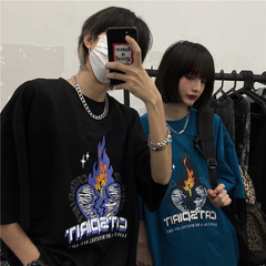 Original ins Guochao cartoon love flame letter printing loose short sleeve T-shirt for men and women