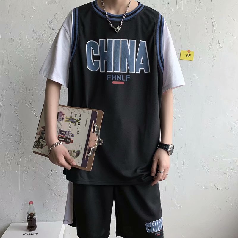 套裝夏季寬鬆假兩件短袖恤短褲兩件套潮流嘻哈籃球服
