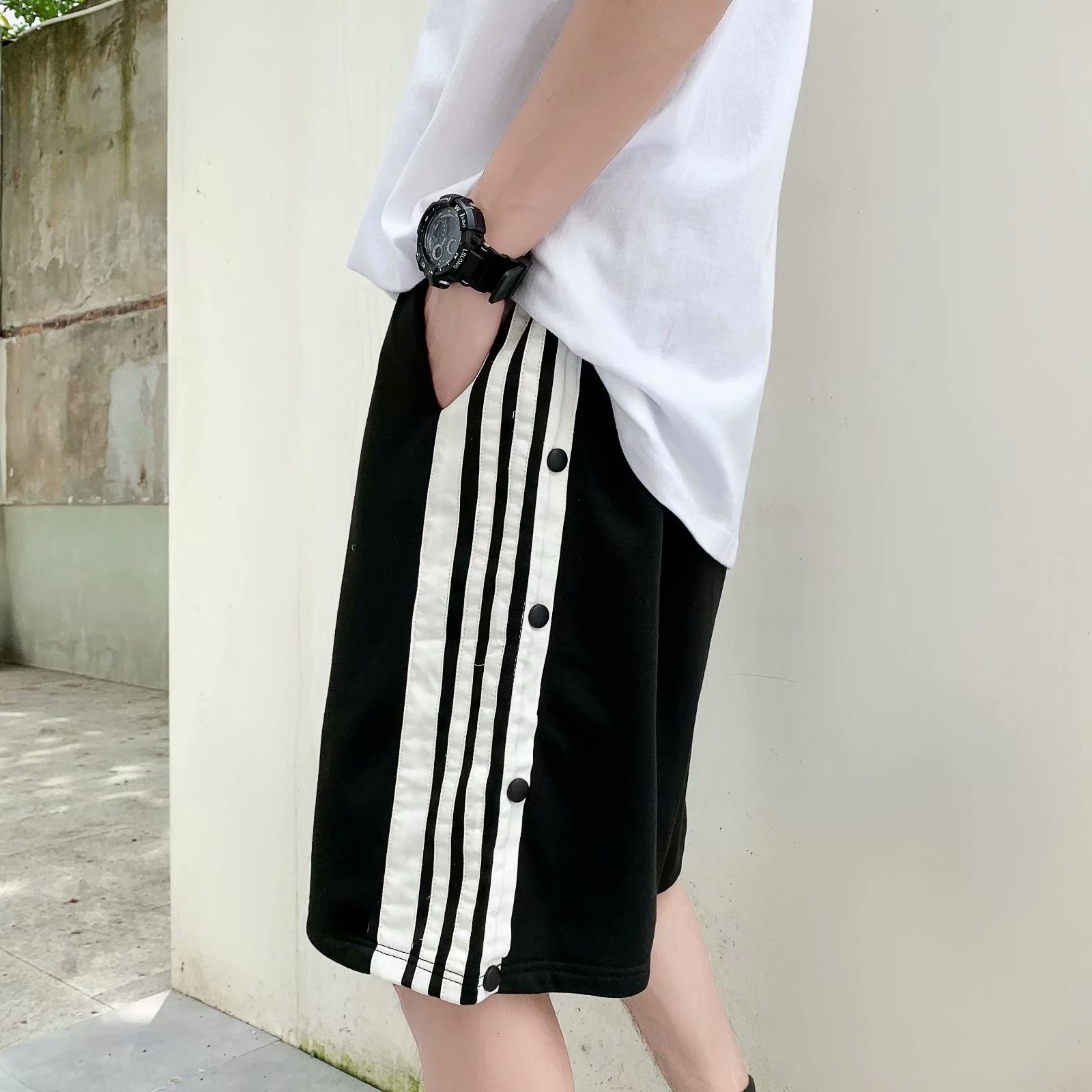 夏季潮流原宿風純色沙灘褲嘻哈潮牌寬鬆直筒五分褲
